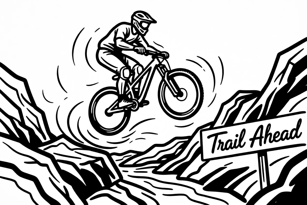 A mountain biker jumping a rocky trail at high speed.