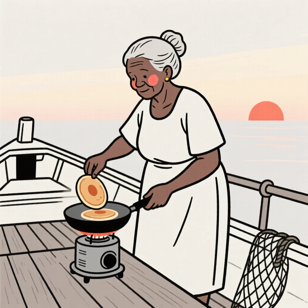 An elderly woman of Jamaican heritage flipping pancakes on a lazy morning, on a fishing boat at dawn.