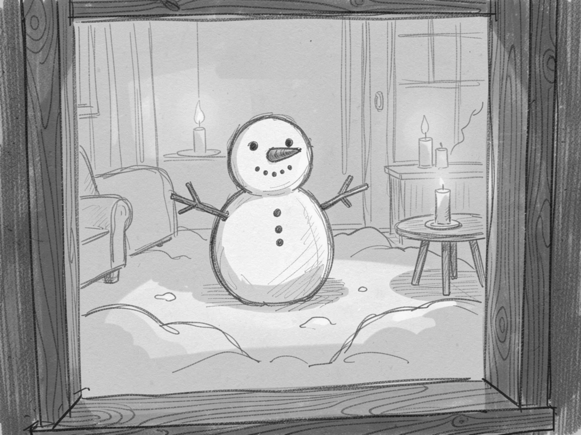 A festive scene of a snowman standing in a quiet snowy yard in a cozy candlelit room, with festive colors filling the frame.