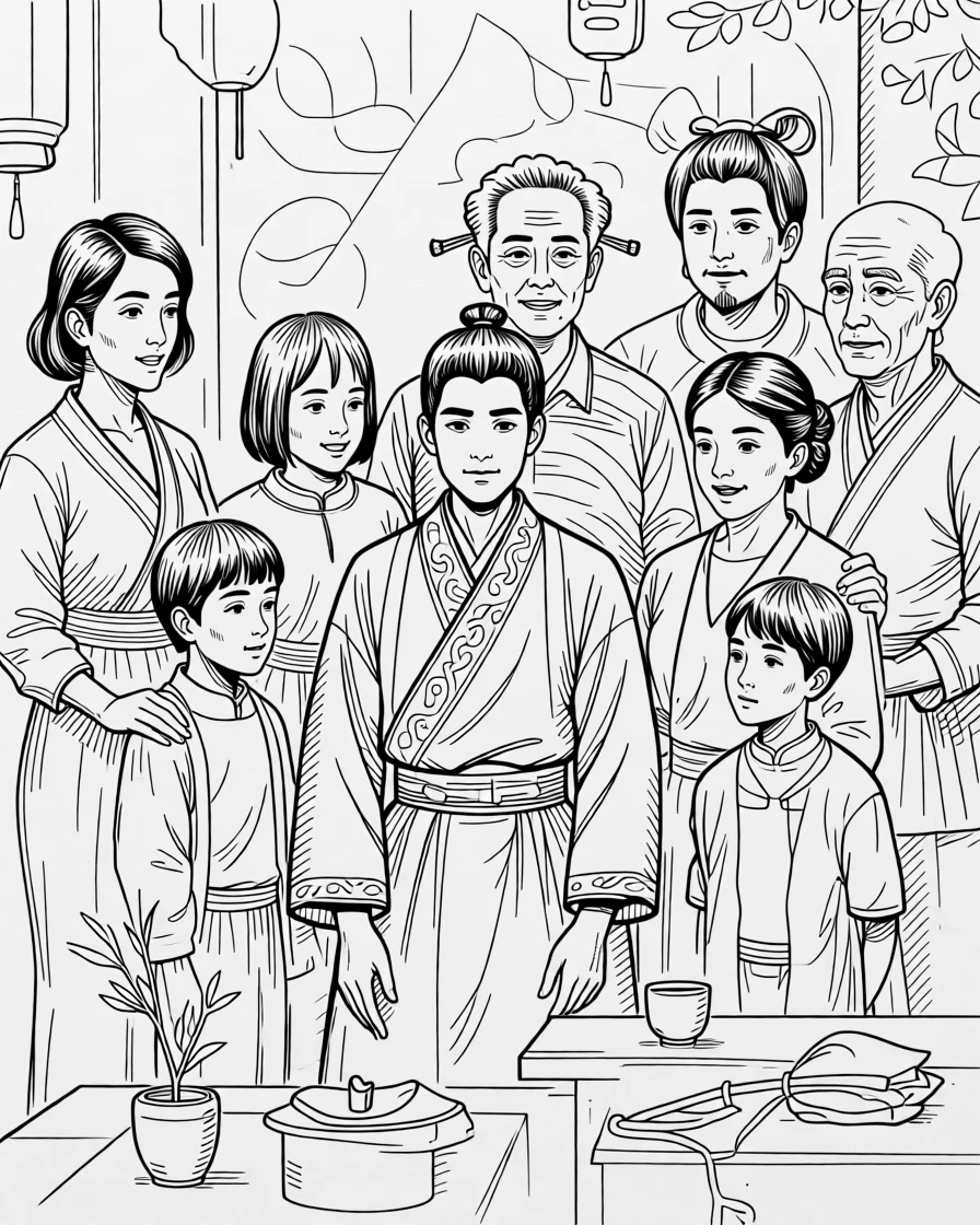 A traditional coming-of-age ceremony with family gathered in celebration.