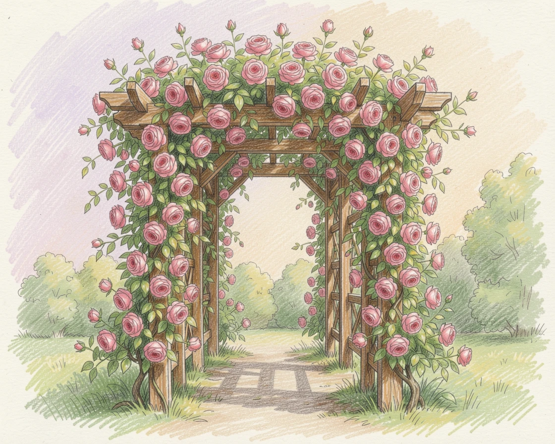 A rose garden arbor dripping with climbing pink blooms, set against a softly lit, atmospheric backdrop, radiating comfort, joy, and quiet beauty.