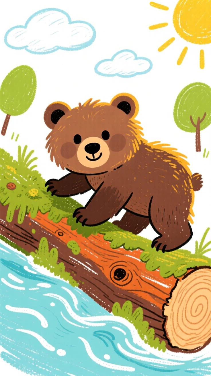 A grizzly bear cub climbing a mossy log beside a river.