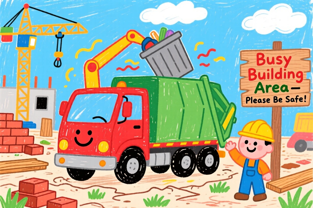 A friendly garbage truck working at a busy construction site.