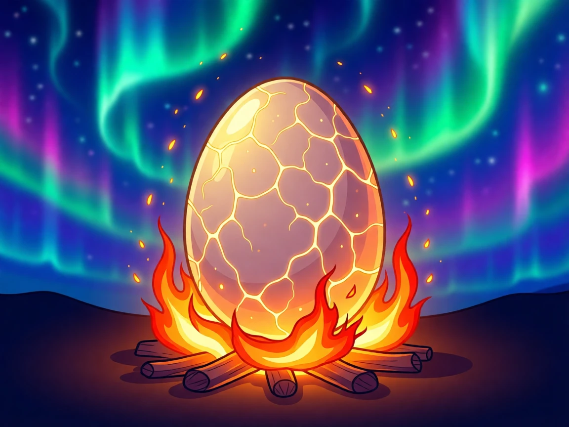 A dragon egg glowing softly nestled among warm embers, set against a backdrop of glowing aurora colors, composed with a fairy-tale storybook quality, with rich jewel tones that evoke wonder and imagination.
