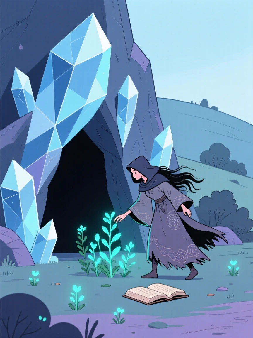 A wandering sorceress gathering glowing herbs near a crystal cave.