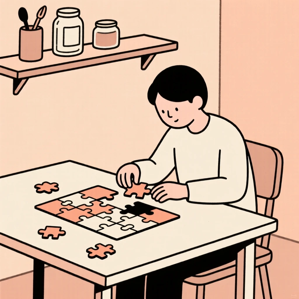 A person assembling a jigsaw puzzle in a cozy workshop, surrounded by a half-finished puzzle, showing creative flow.