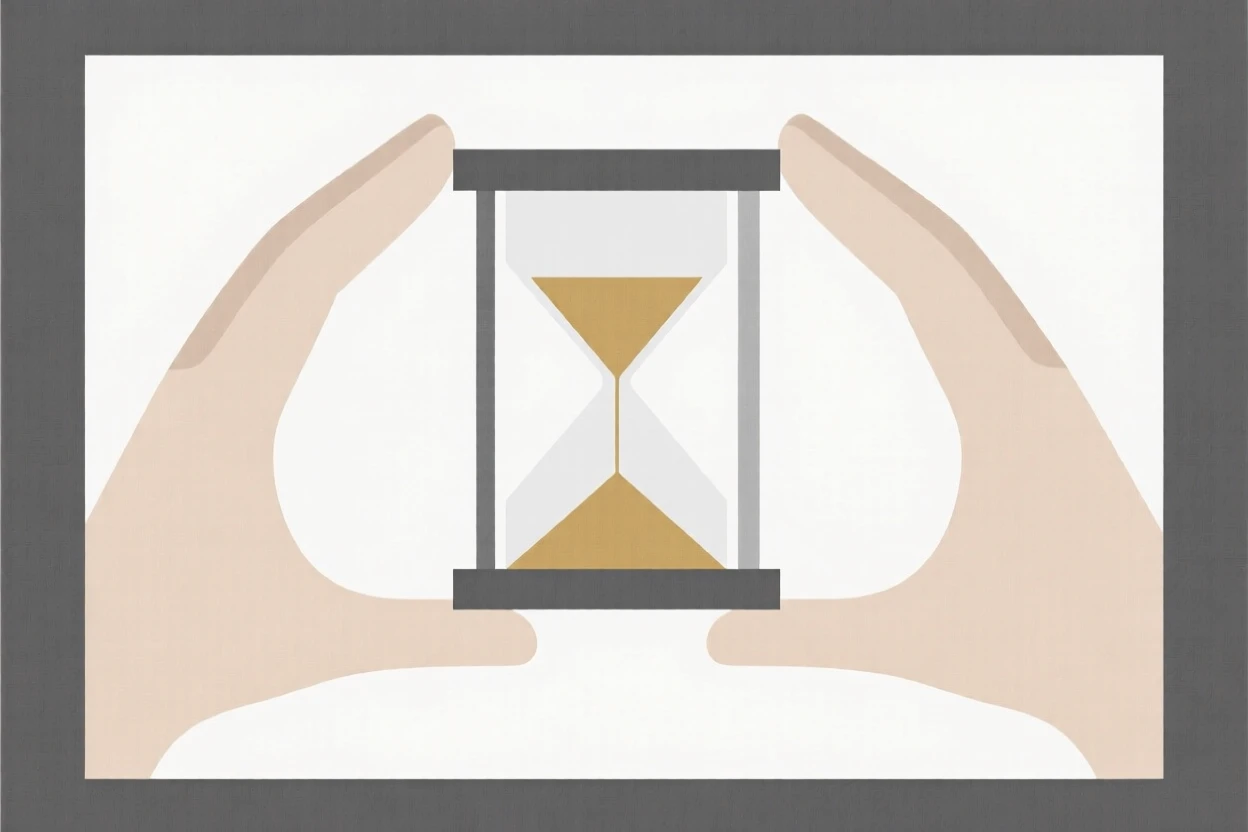 A pair of hands holding a small hourglass