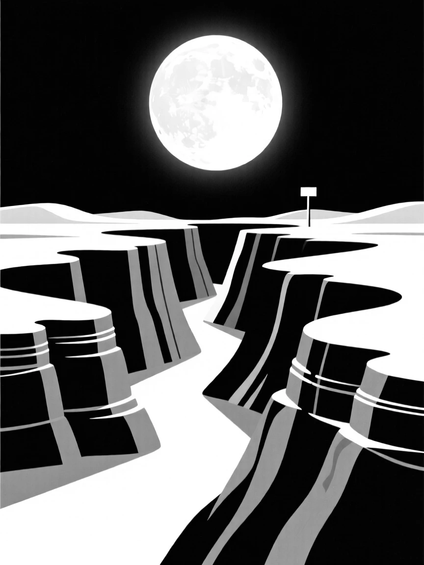 A desert canyon glowing under a full moon.