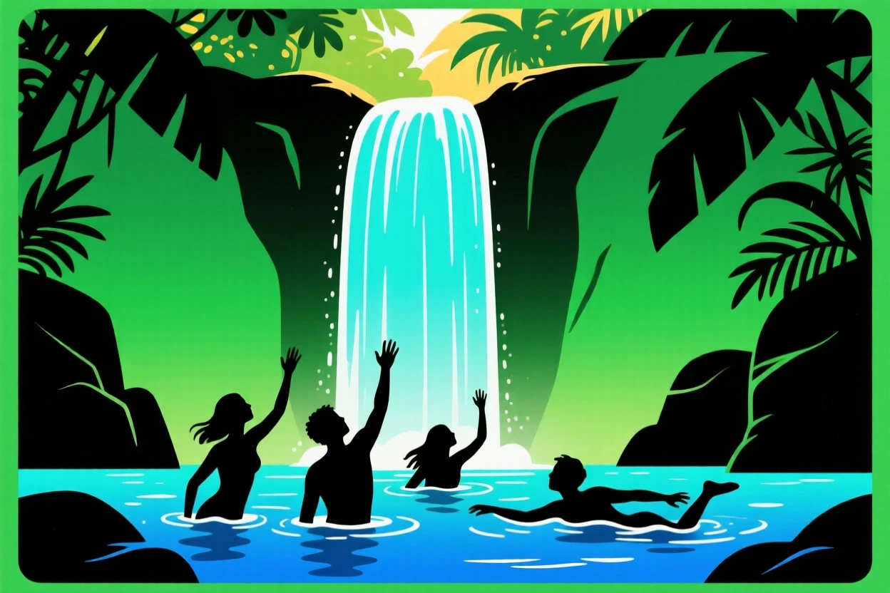 A group of friends swimming beneath a jungle waterfall.