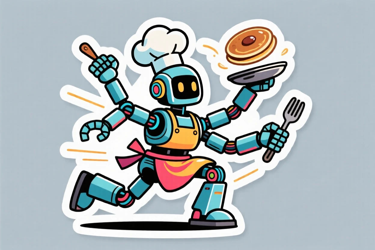 A wildly imaginative robot chef flipping pancakes with mechanical arms, with motion lines emphasizing speed and power, in a scene bursting with energy and color.