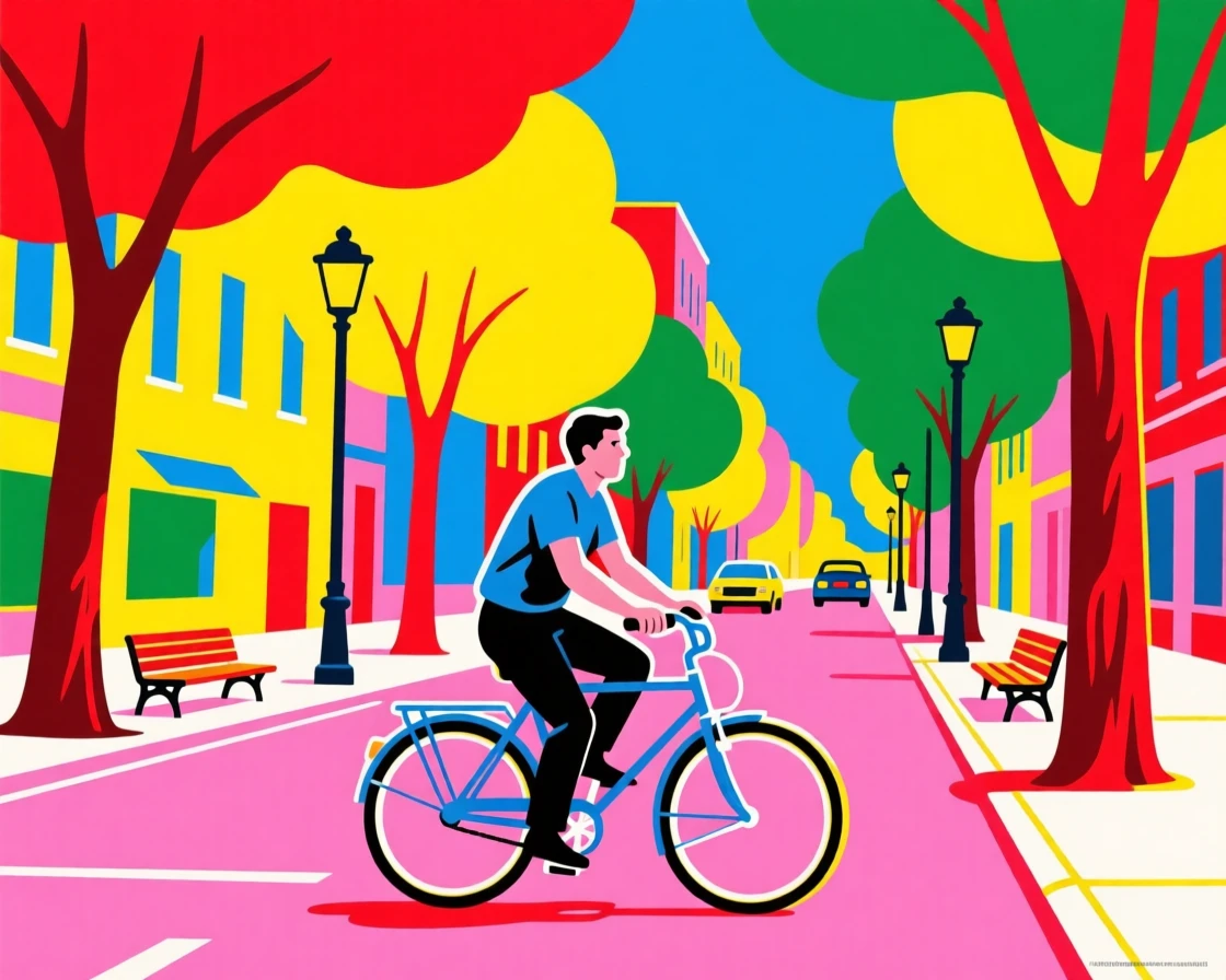 Bicycle commute through a tree-lined city street