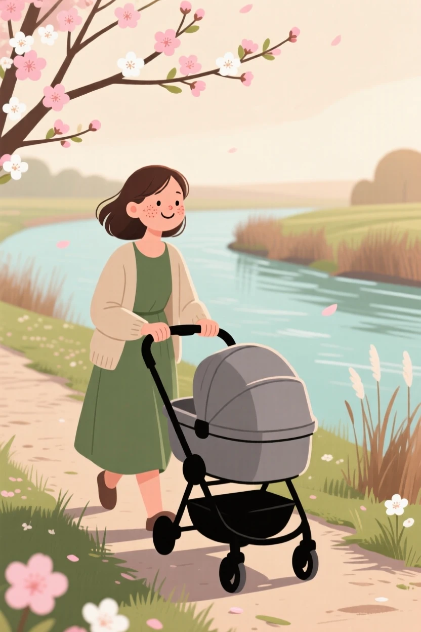 The first blossoms of spring open along a riverside trail as a young mother pushing a stroller walks slowly by, breathing in the fresh scent of new blooms in the mild morning air.