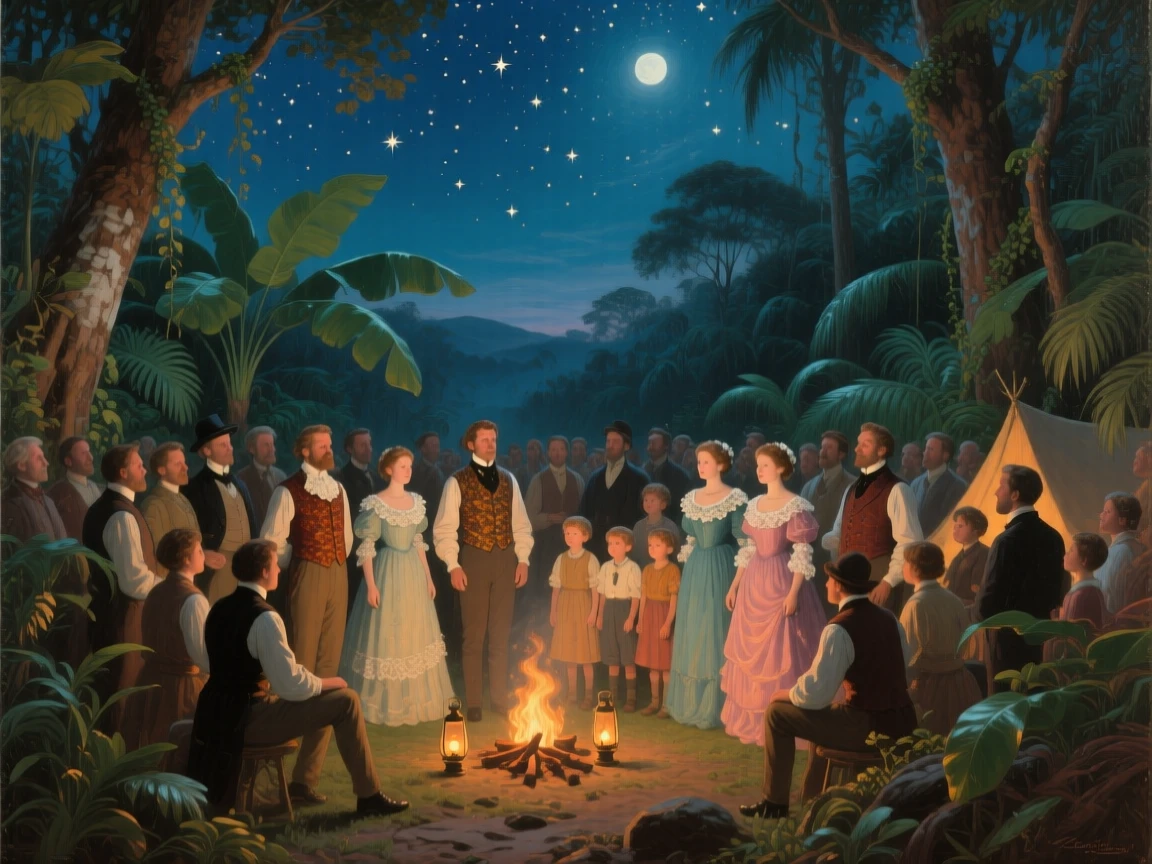 A centered composition of a New Year's celebration with a crowd gathered beneath a starry sky, in the Amazon rainforest, in the Victorian era.