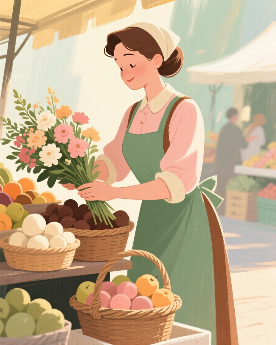 A market vendor arranging fresh flowers beside baskets of fruit