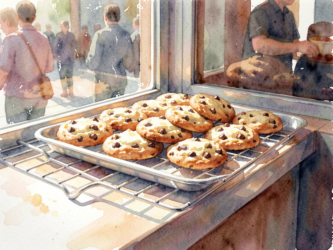 A tray of freshly baked cookies cooling on a rack on a street food stall counter with sunlight catching the glass.