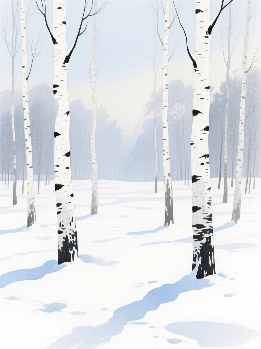 A frosty morning in a birch forest with thin white trunks rising from a blanket of fresh snow