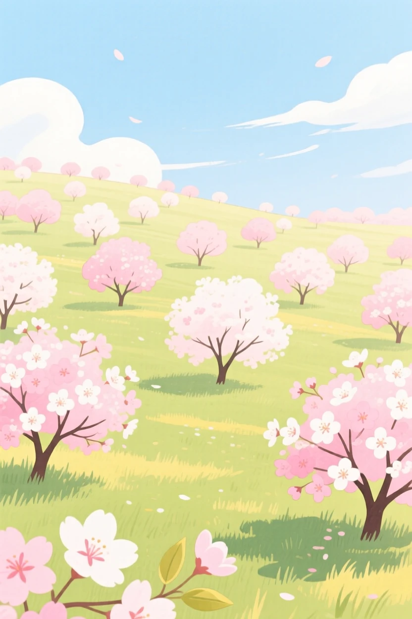 A gentle still-life scene featuring a field of blooming cherry blossoms.