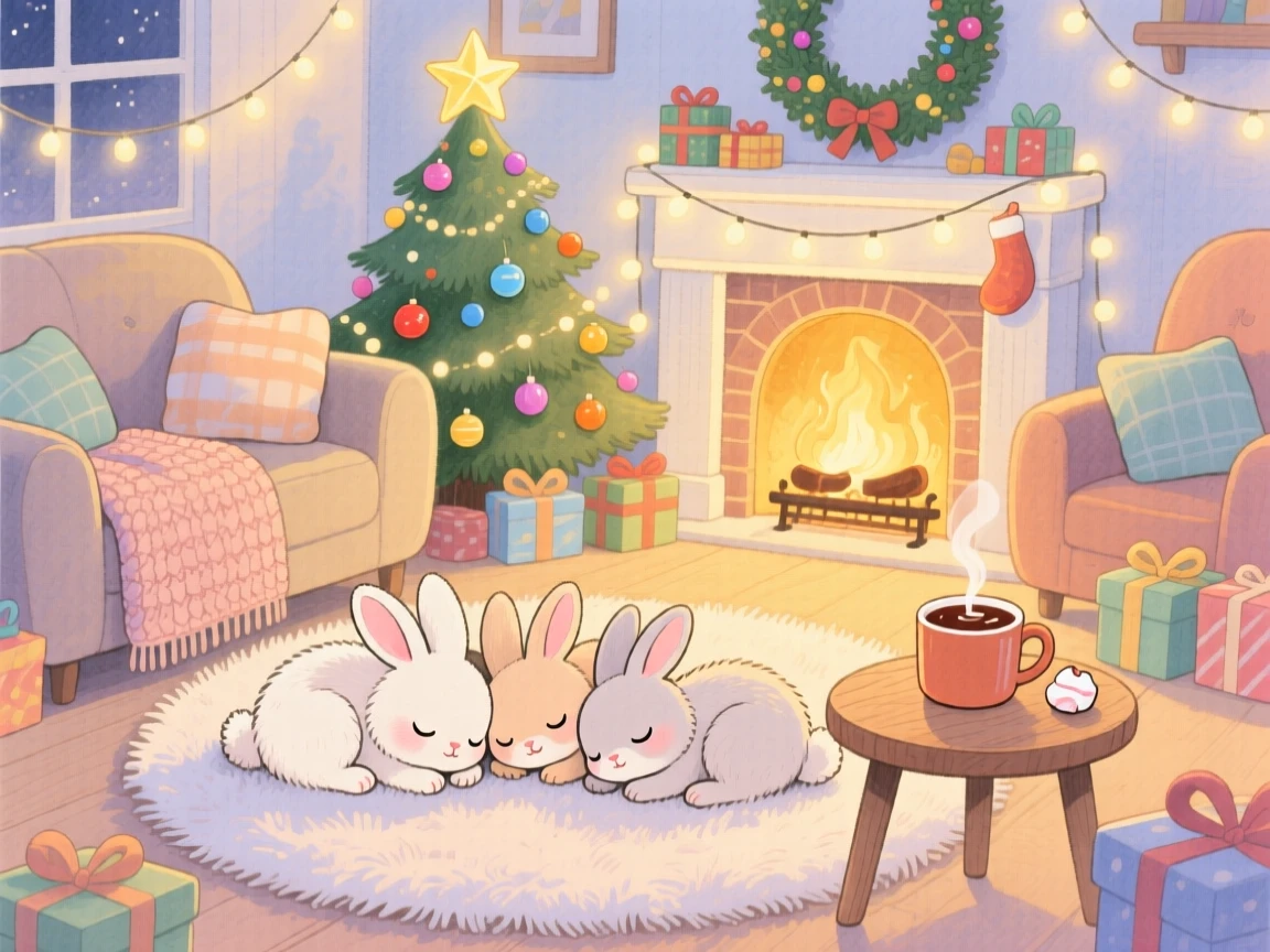 A group of bunny siblings curled up asleep next to a warm mug of cocoa, set in a snug living room decorated for the holidays, brimming with cozy comfort.