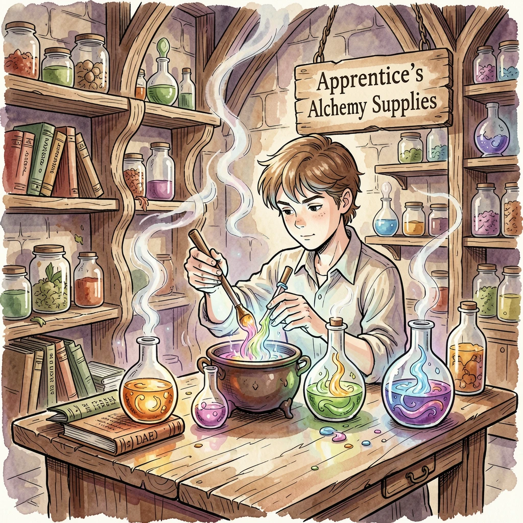 A young apprentice mixing glowing potions in a cluttered alchemy tower, swirling light and mist adding a dreamlike quality.