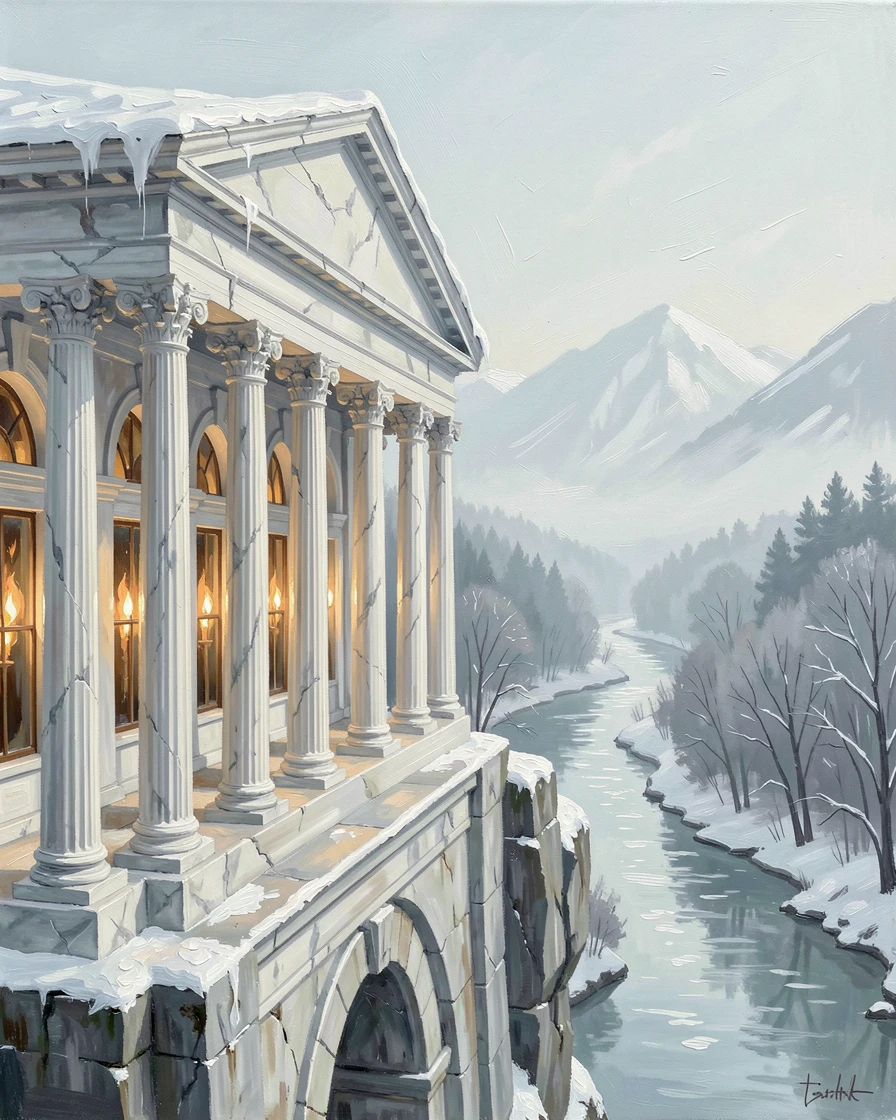 A classical marble temple with towering columns, overlooking a winding river far below, candlelight flickering in a row of tall arched windows, in soft winter light with a dusting of snow on the rooftops.