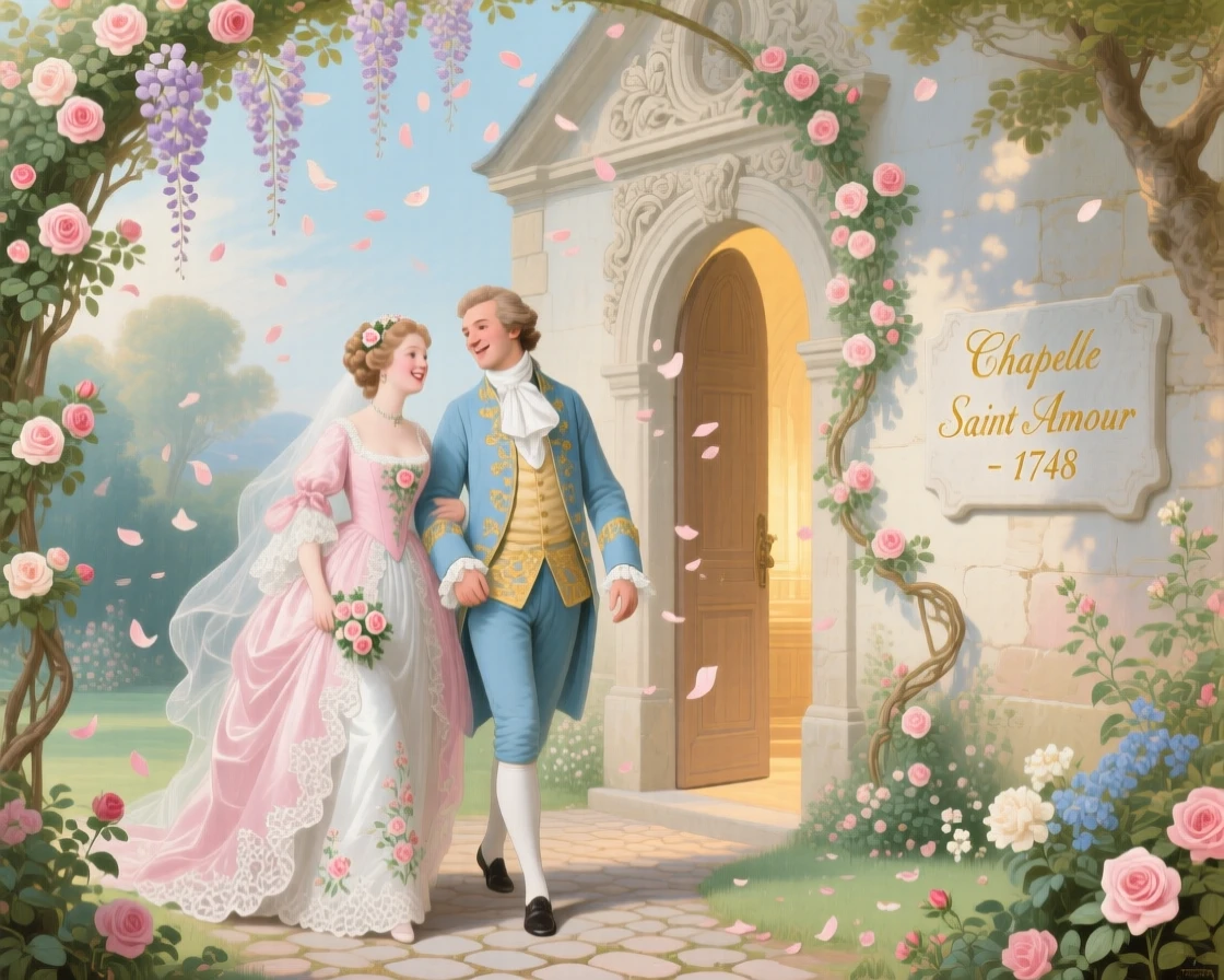 A bride and groom leaving their wedding chapel beneath a shower of petals  
