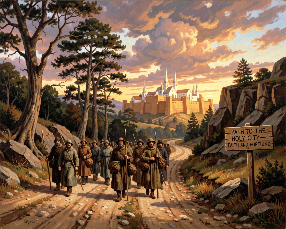 Pilgrims travel along a dusty road toward a distant holy city.