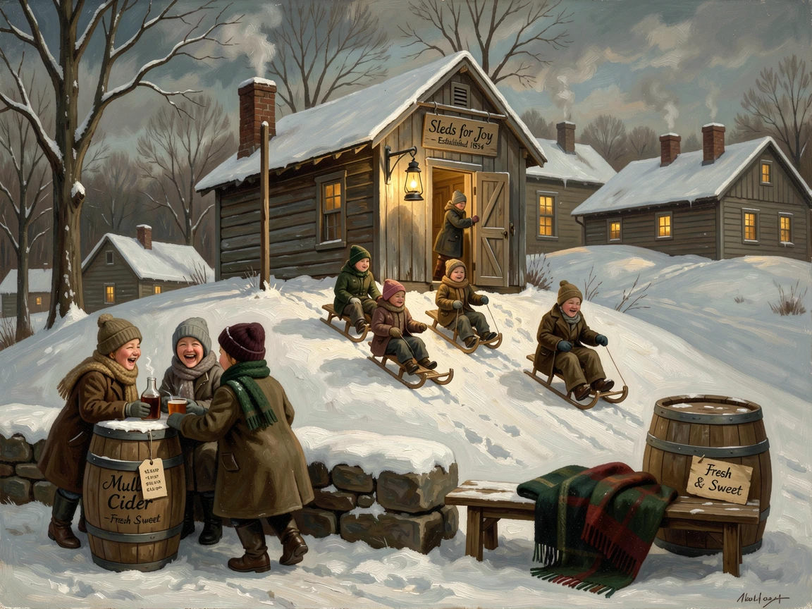 A festive winter wonderland with children sledding down a snowy hill, with cozy, festive details adding charm to the setting, radiating comfort, celebration, and heartfelt togetherness