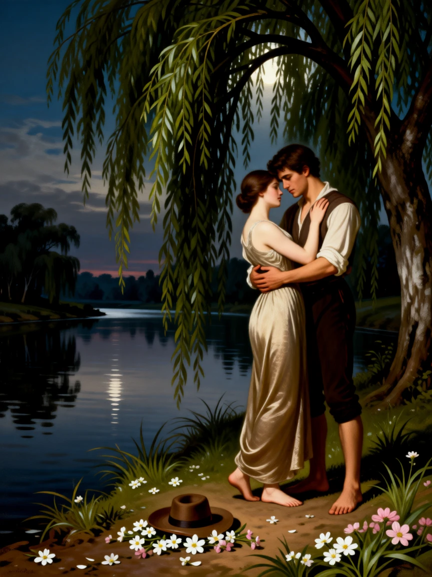 A young couple eloping under the cover of night at the moment hope and fear collide, set beside a quiet riverbank framed by willow trees, with scattered flowers and a fallen hat marking the moment; the two central figures are drawn close together in an intimate embrace, filled with gratitude, humility, and human warmth.