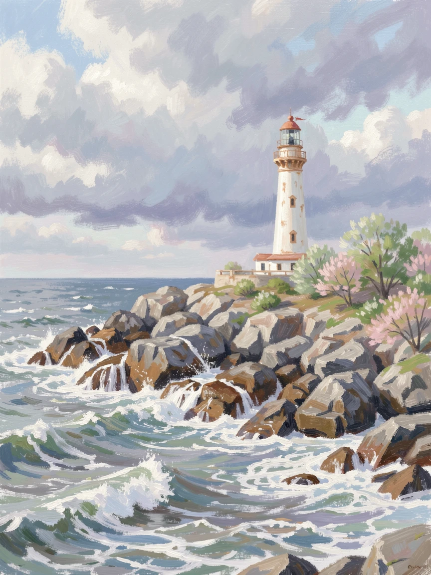 A remote lighthouse on a rocky headland, waves crashing dramatically below as storm clouds gather offshore, in early spring, evoking a sense of peace and quiet wonder.