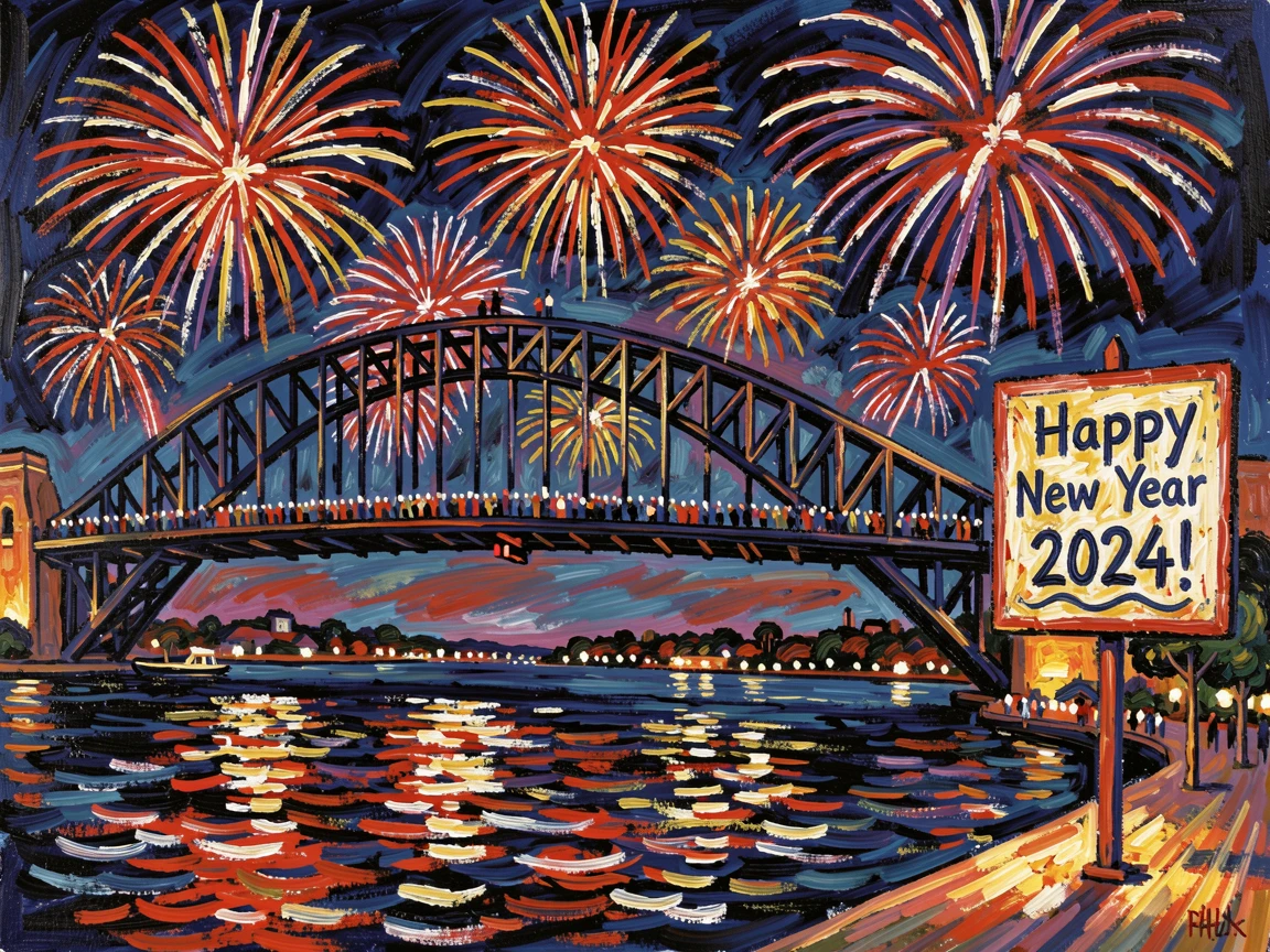 A grand fireworks display over the Sydney Harbour Bridge on New Year's Eve.