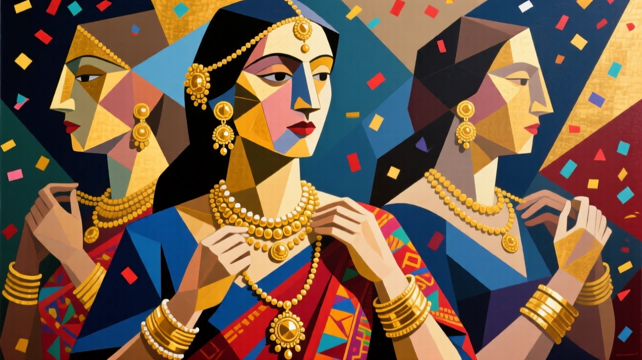 A woman adorned in traditional gold jewelry preparing for a festive celebration.
