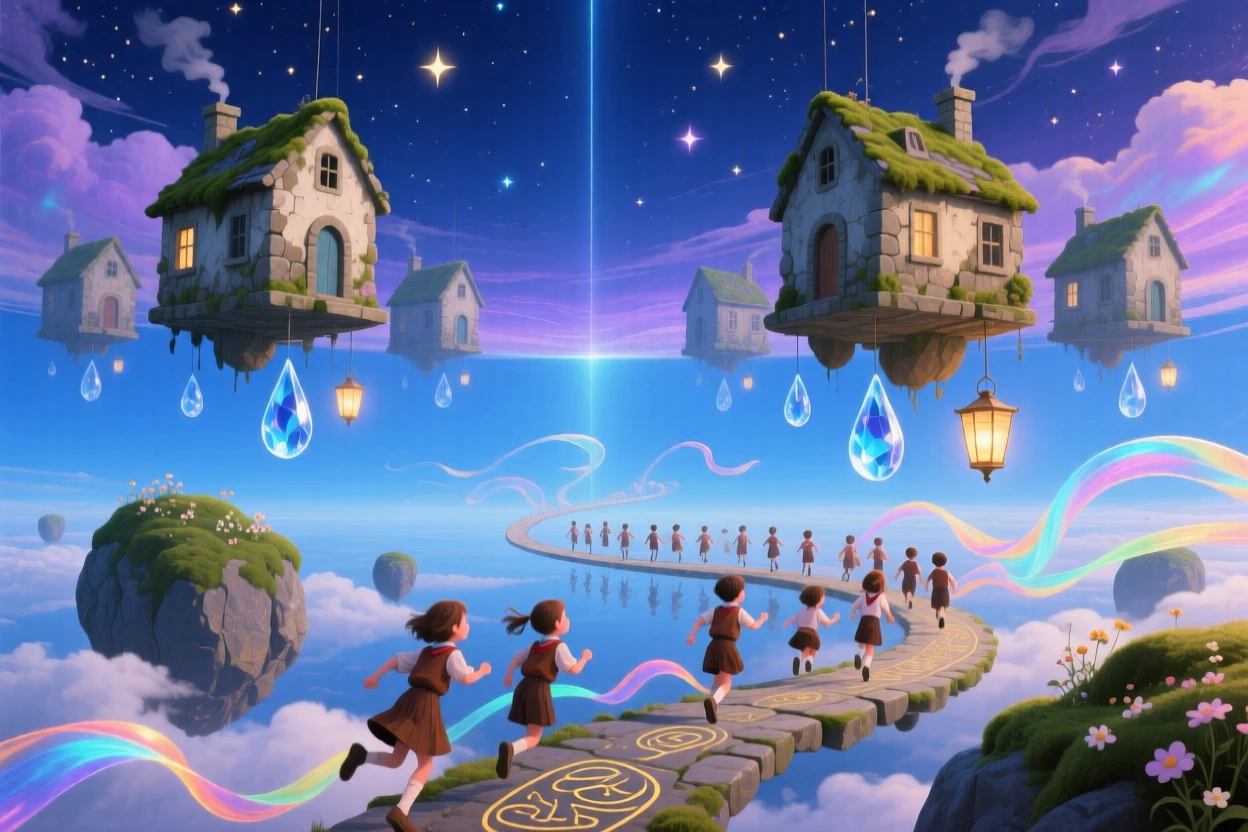 A school of stone houses swimming through open sky hangs suspended between two identical skies, while children run along paths that curve into the sky.