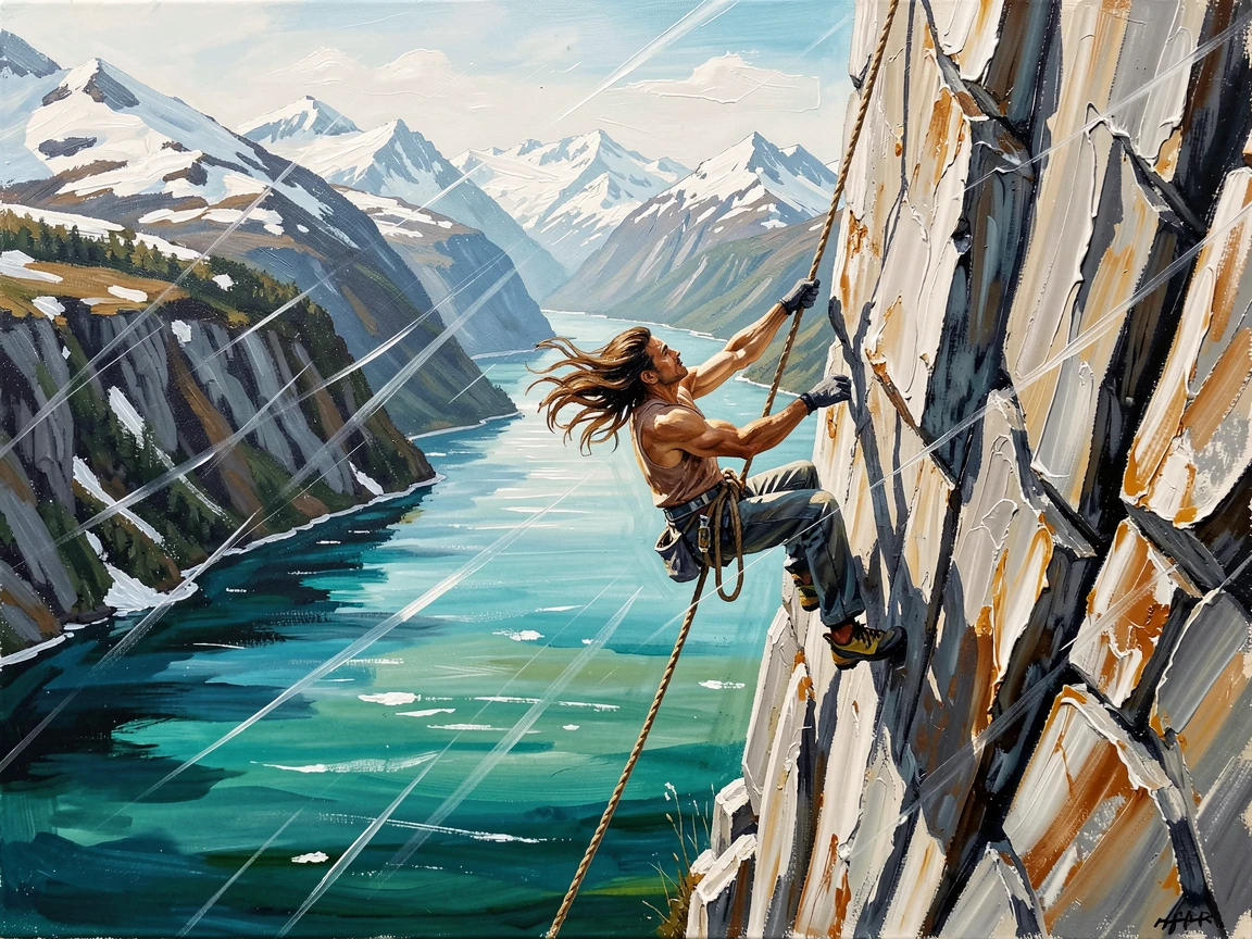 A rock climber dangles from a rope high above a turquoise fjord in Norway, the vast landscape stretching dramatically below, the natural elements, whether wind, water, or snow, playing an active role in the scene.