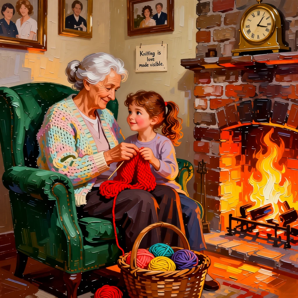 A grandmother teaching her granddaughter to knit by a crackling fireplace