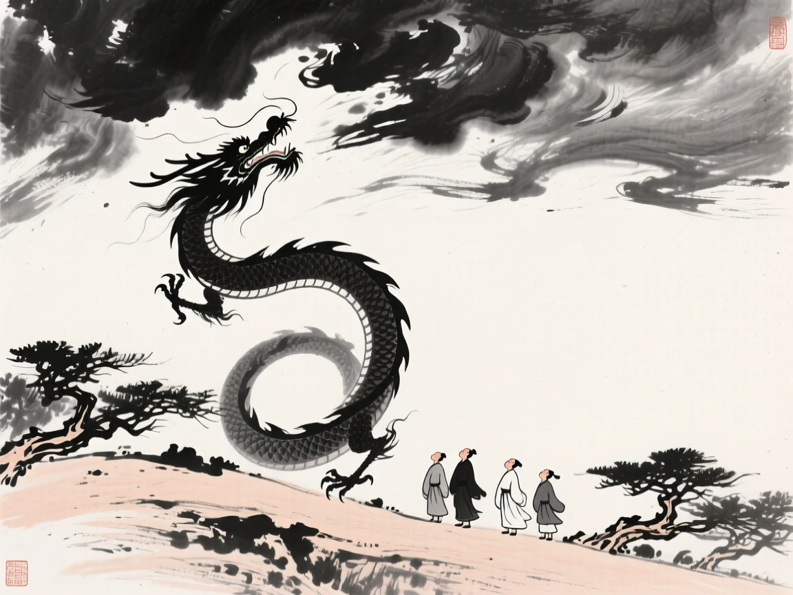 Villagers watch as a dragon spirals upward into a stormy sky, with wind bending the trees along the ridgeline.