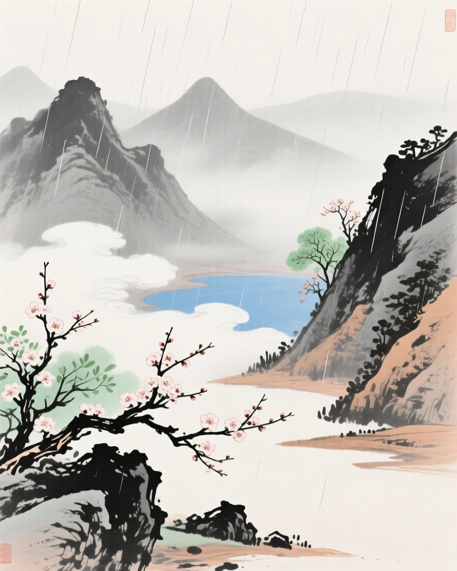 A misty valley where clouds pool between the peaks, as spring blossoms unfold, through a curtain of fine rain.