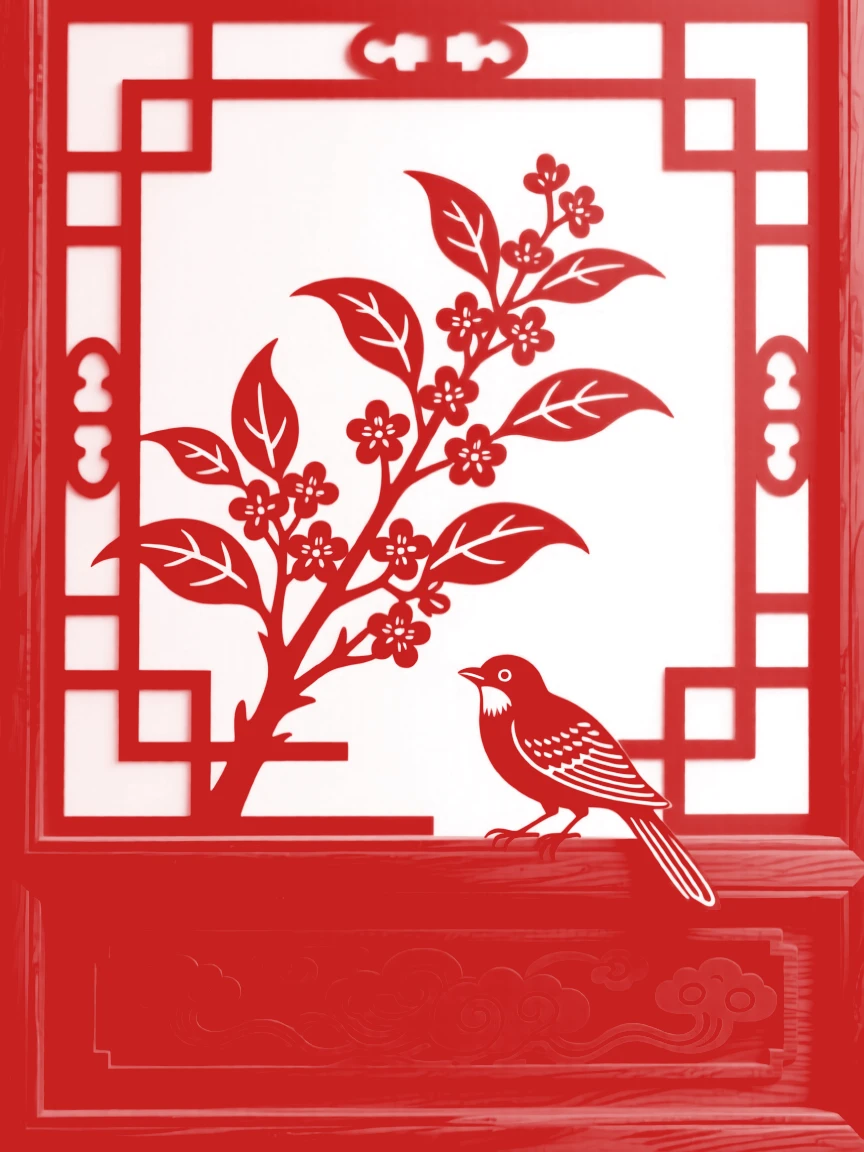 A sprig of osmanthus resting on a carved wooden windowsill, with a small bird perched nearby.