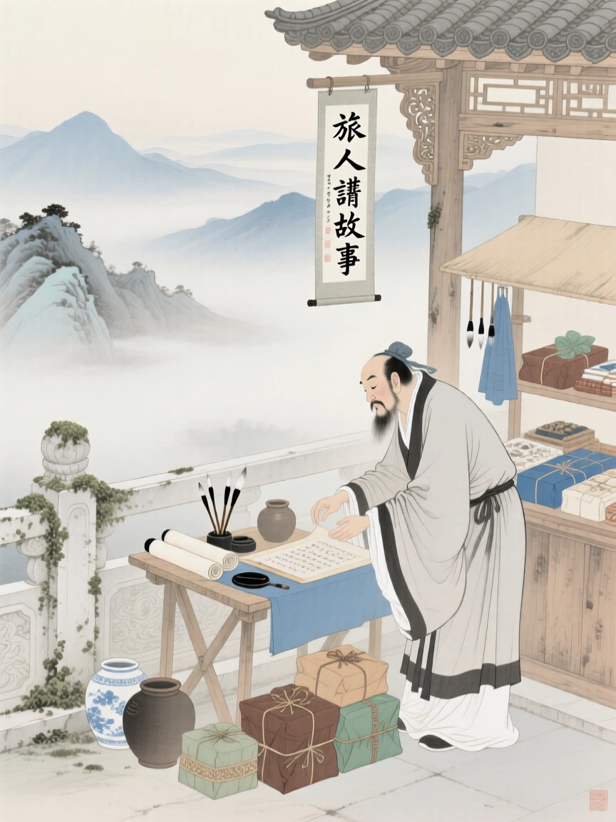 A traveling storyteller tending to a small stall of goods on a terrace overlooking misty mountains