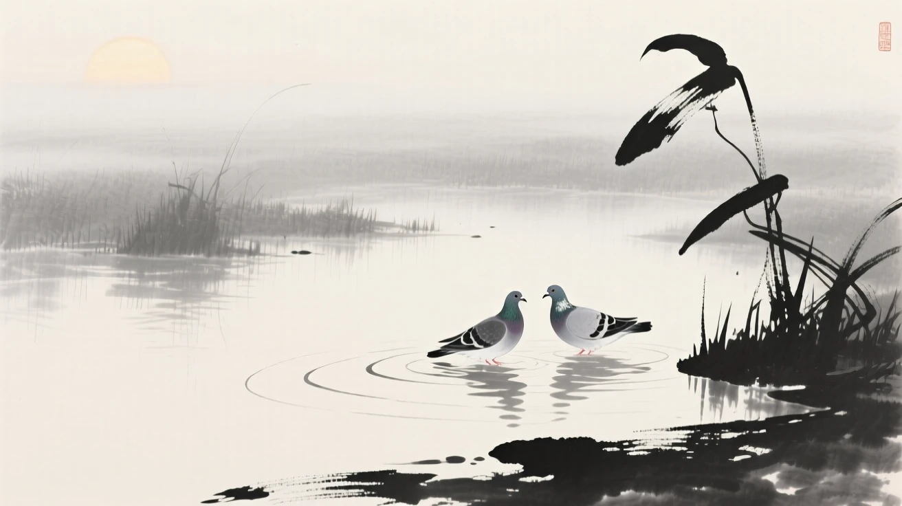 A pair of doves skimming the surface of a quiet pond above a misty wetland at dawn, positioned in one corner, leaving airy negative space, suggesting renewal and the gentle passage of seasons.