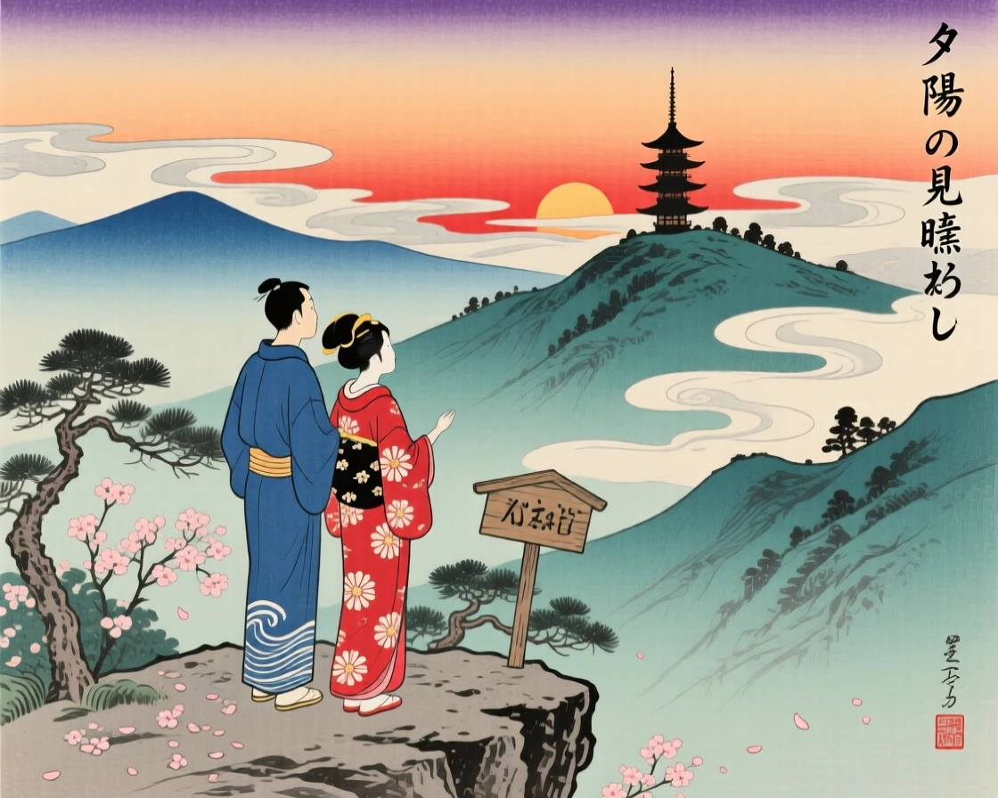 A young couple pausing to admire a sunset from a mountain overlook.