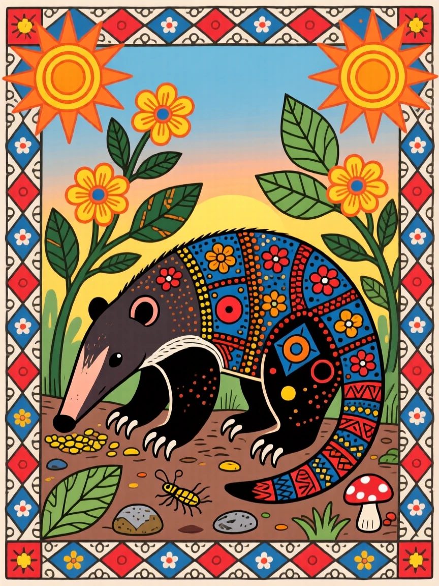 An anteater foraging quietly along a forest floor at dawn.