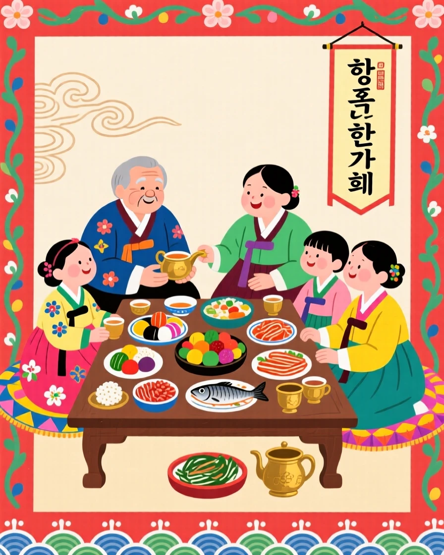 A family sharing a large feast together on a low table during a holiday.