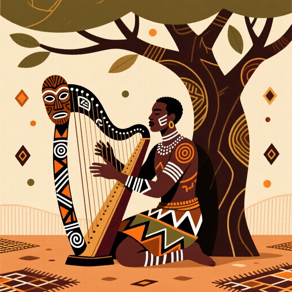 A solo harpist practicing beneath the shade of a tree.