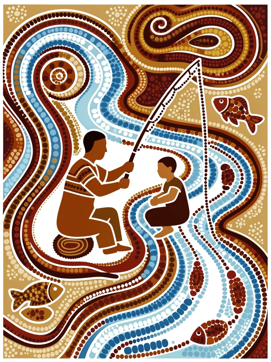 A father teaching his son to fish