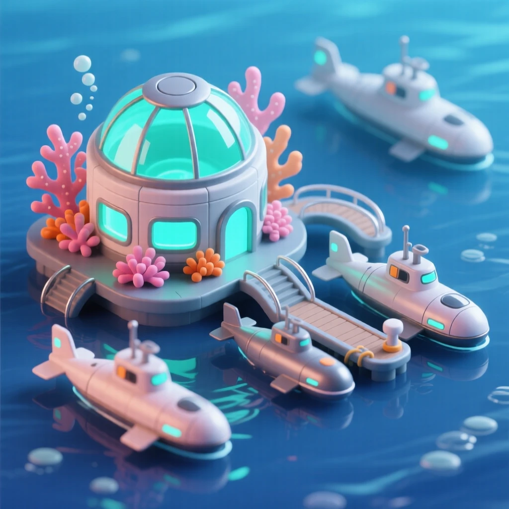 An underwater research station glowing softly beneath the waves, submarines docking beside coral-covered viewing windows.