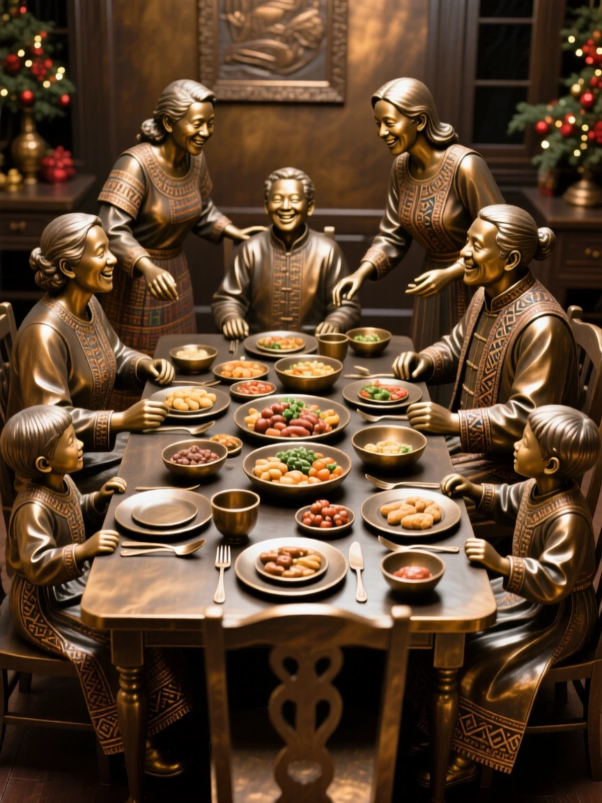 A family gathered around a table for a holiday meal, with rich cultural detail and vibrant color, celebrating shared human joy