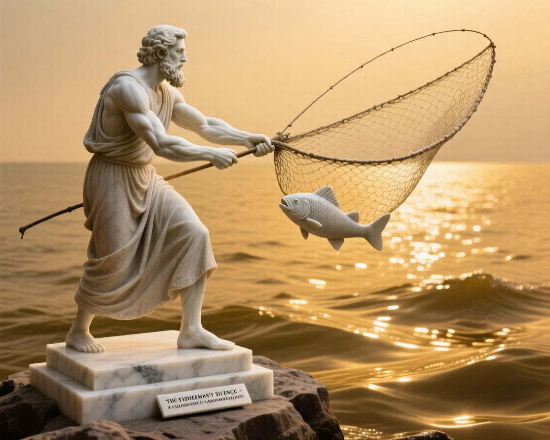 An evocative depiction of a fisherman casting his net into golden waters, in a moment of quiet stillness, balancing detail with emotional depth
