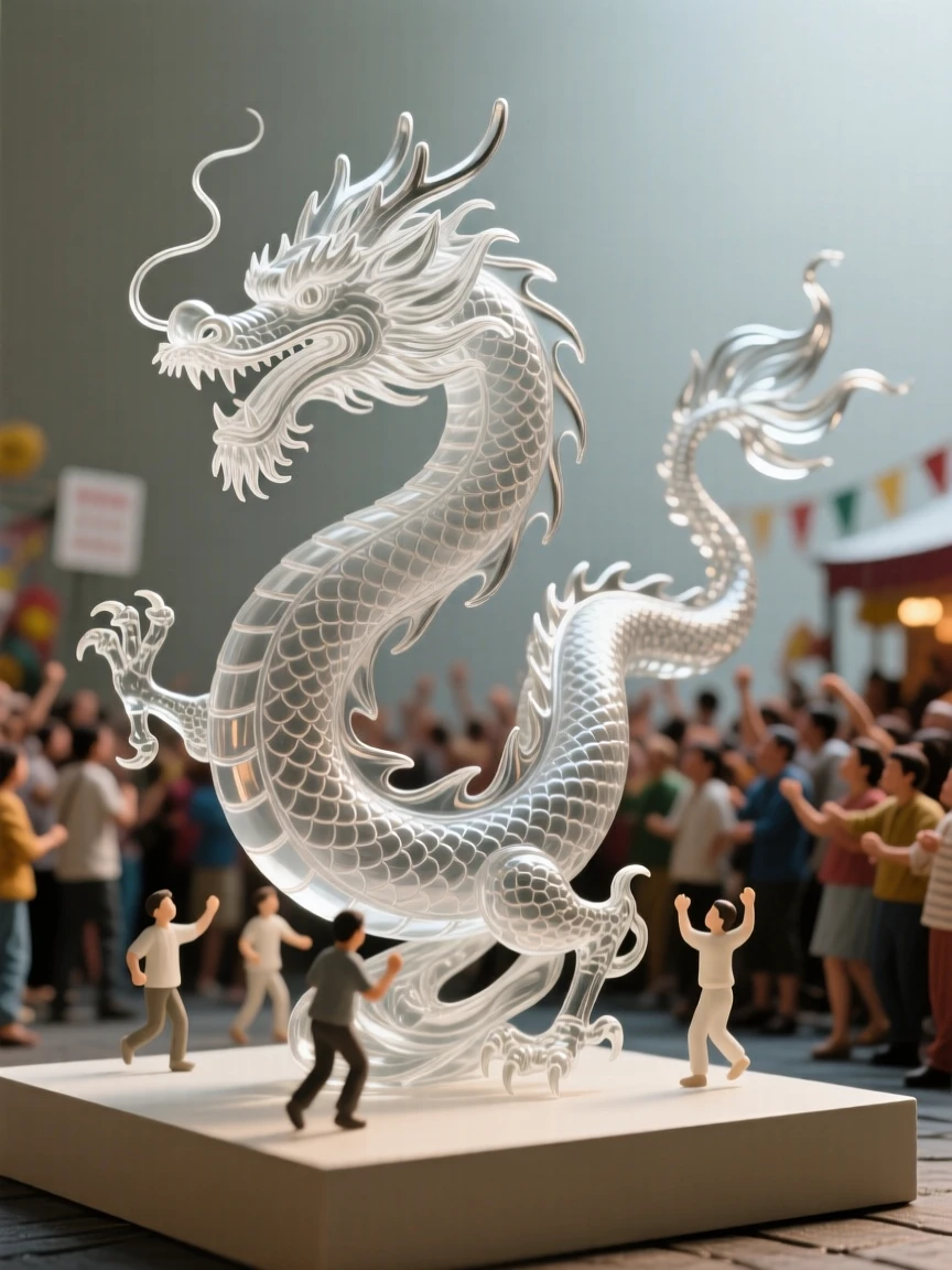A dragon dance winding through a crowded street festival, with the whole street alive in color and motion