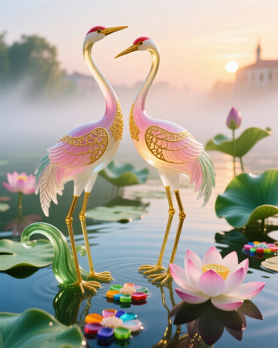 A pair of cranes standing together beside a blossoming lotus pond at dawn, elegant and sacred.
