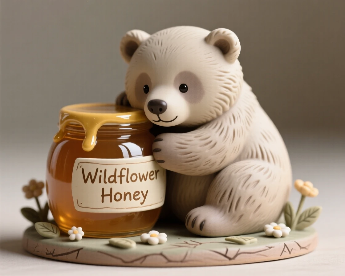 A bear cub hugging a jar of honey frozen in a scene of cozy togetherness, dotted with small whimsical touches throughout, radiating coziness and storybook charm.